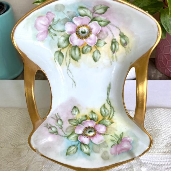 Vintage RS Germany Gold Handle, Hand Painted Purple Wild Roses, Gold Trim Plate - Picture 2 of 6